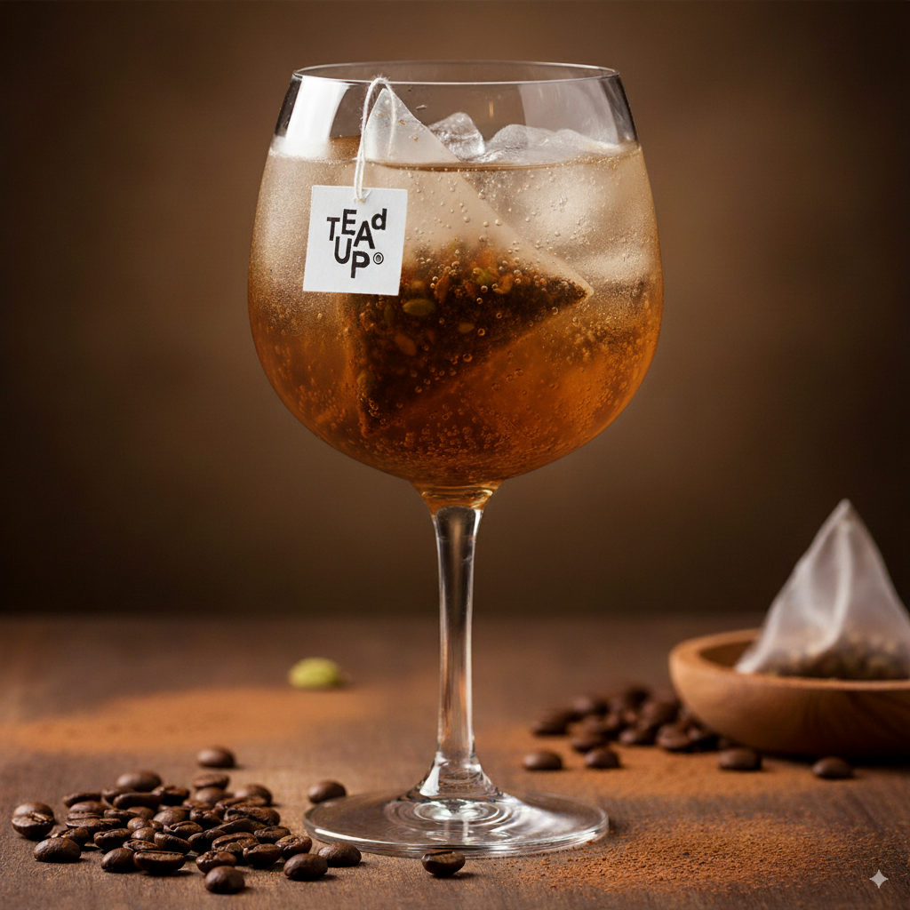 Coffee Break BoozyBag im Gin Tonic mit Kaffee- und Kakaoaromen in einem Weinglas