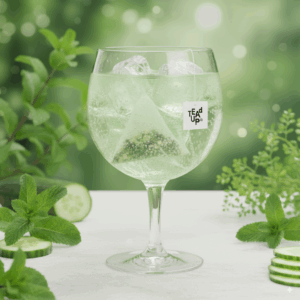 Evergreen BoozyBag im Gin Tonic mit Gurke und Minze in einem klaren Glas