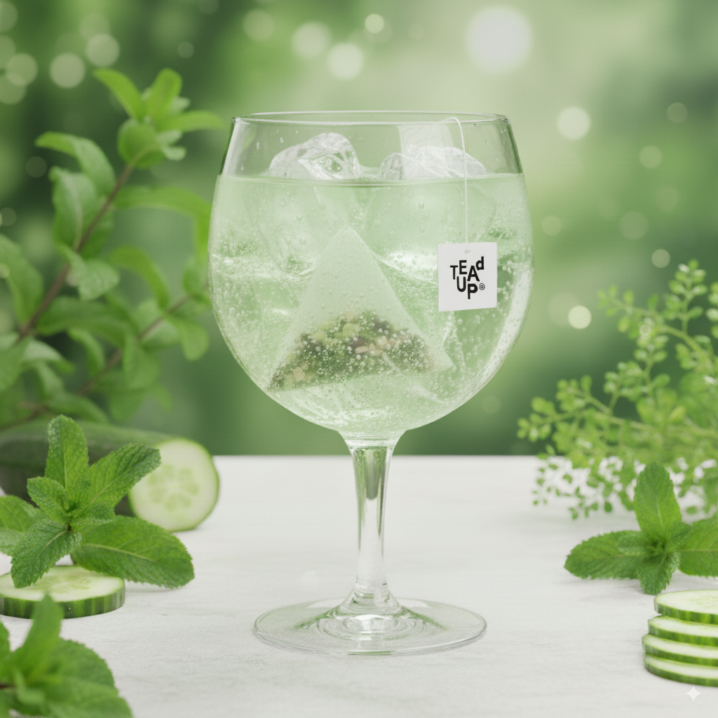 Evergreen BoozyBag im Gin Tonic mit Gurke und Minze in einem klaren Glas