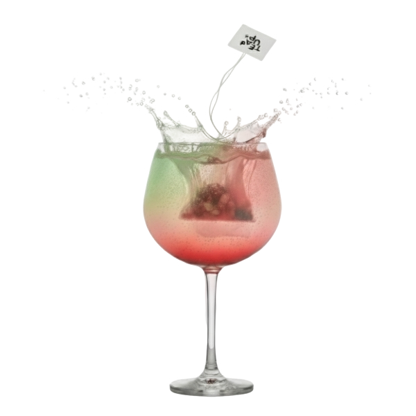 BoozyBag fällt in ein Gin-Tonic-Glas und erzeugt einen farbigen Wasser-Splash