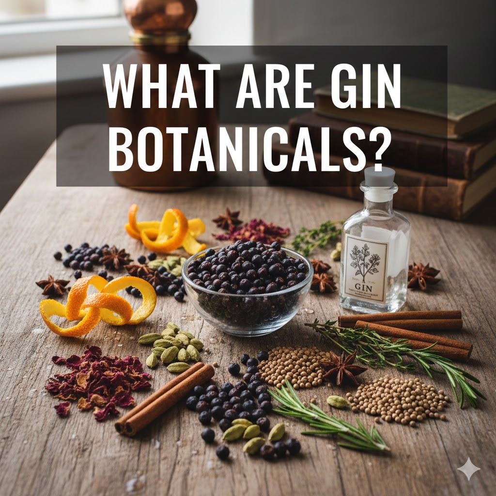 Auswahl klassischer Gin Botanicals wie Wacholder, Zitrusschalen, Kräuter und Gewürze neben einer kleinen Gin-Flasche auf Holztisch