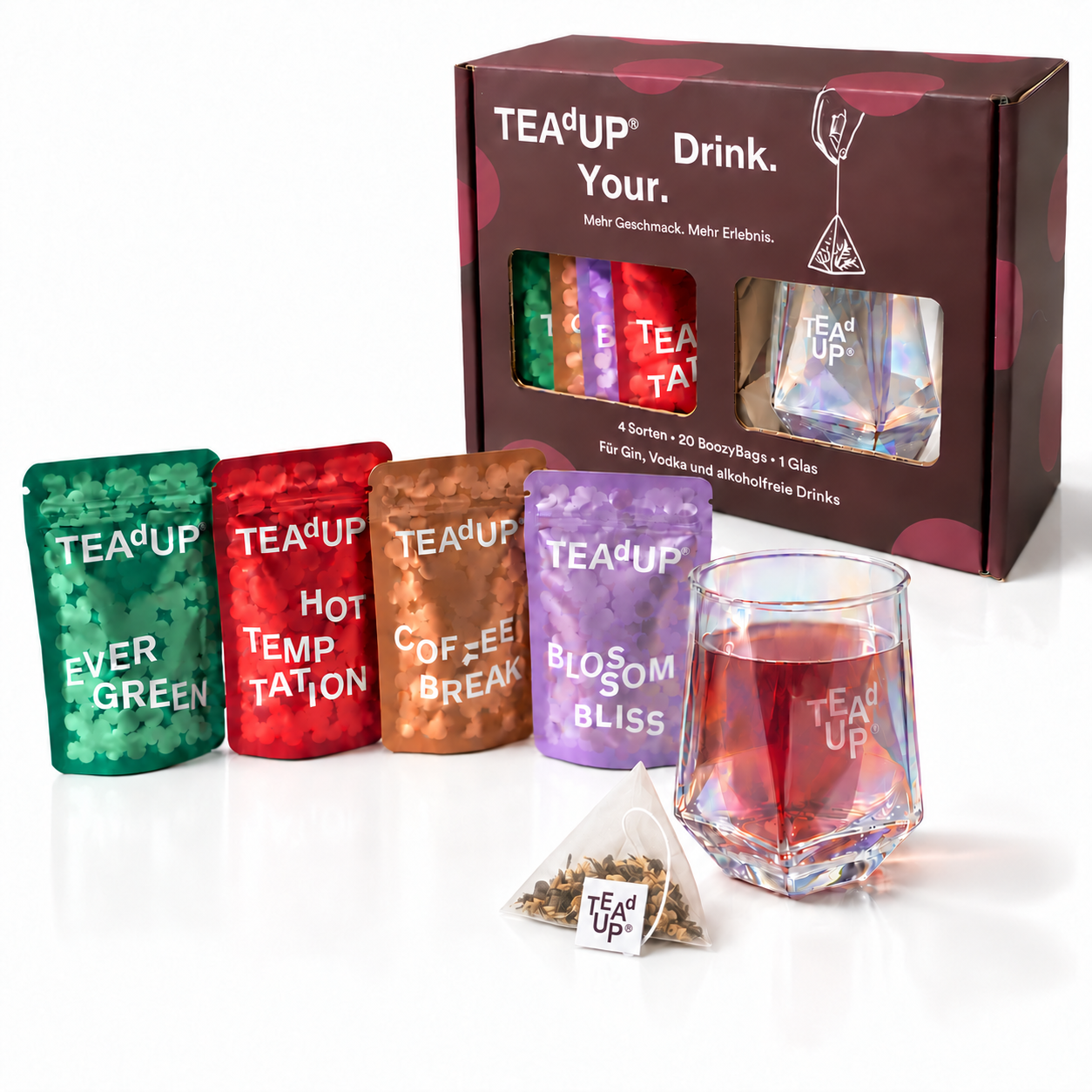 TEAdUP Geschenkset Signature mit Glas: Geschenkbox mit vier Signature-Sorten und TEAdUP Glas