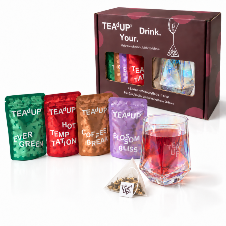 TEAdUP Geschenkset Signature mit vier Sorten, 20 BoozyBags und Glas