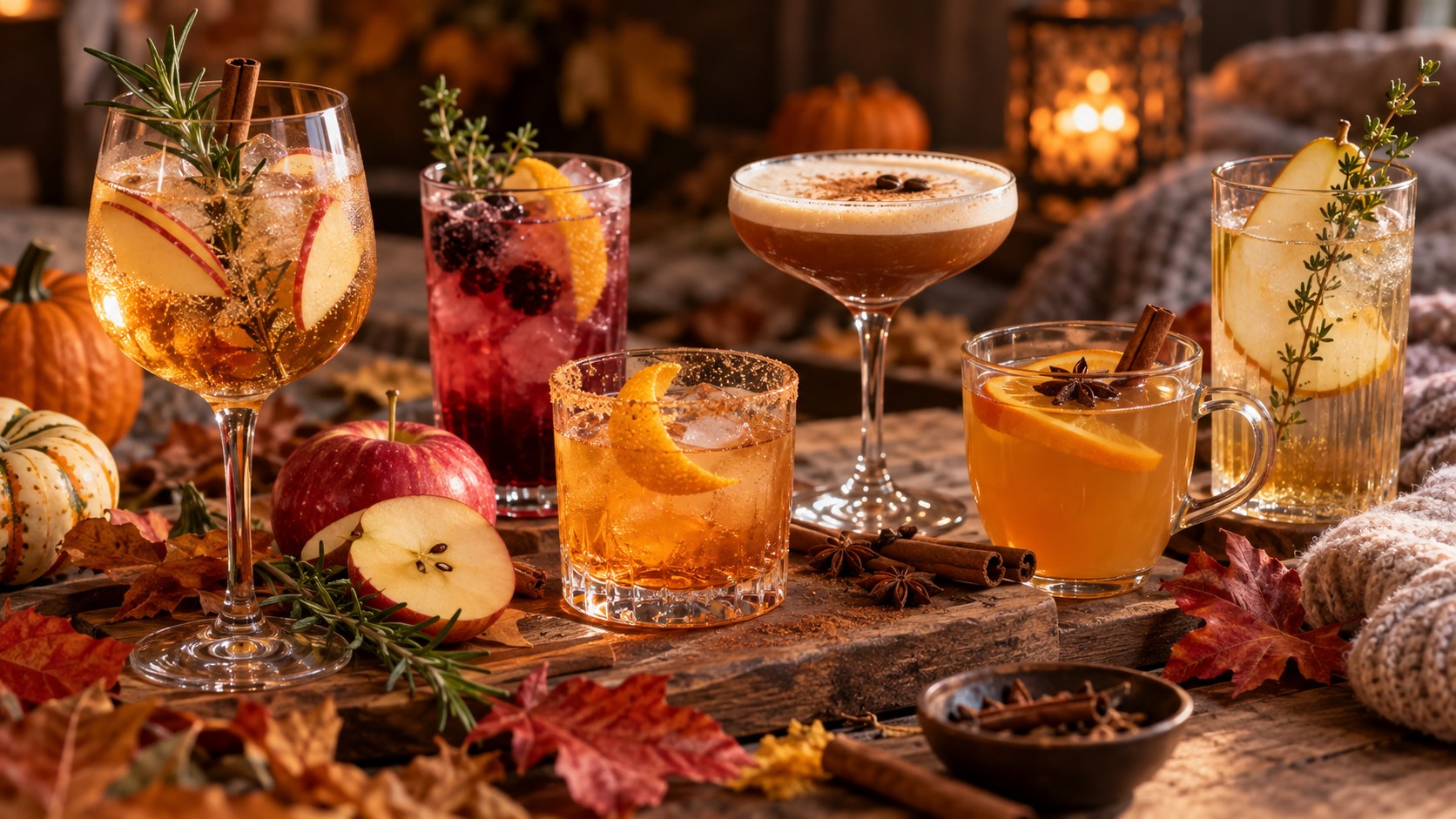 Herbstliche Cocktails mit Gin und Tonic, Äpfeln, Kürbis und Gewürzen auf einem gemütlich dekorierten Tisch